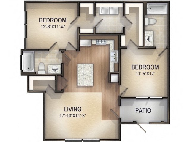 Floor plan for 2 beds, 2 baths, 1022 sqft